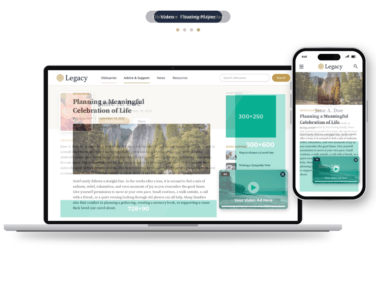 Example ad placements on Legacy obituary, news, advice, and resources pages
